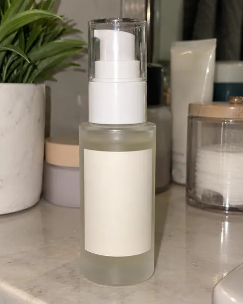 The phone photo it started from: the serum on a bathroom shelf